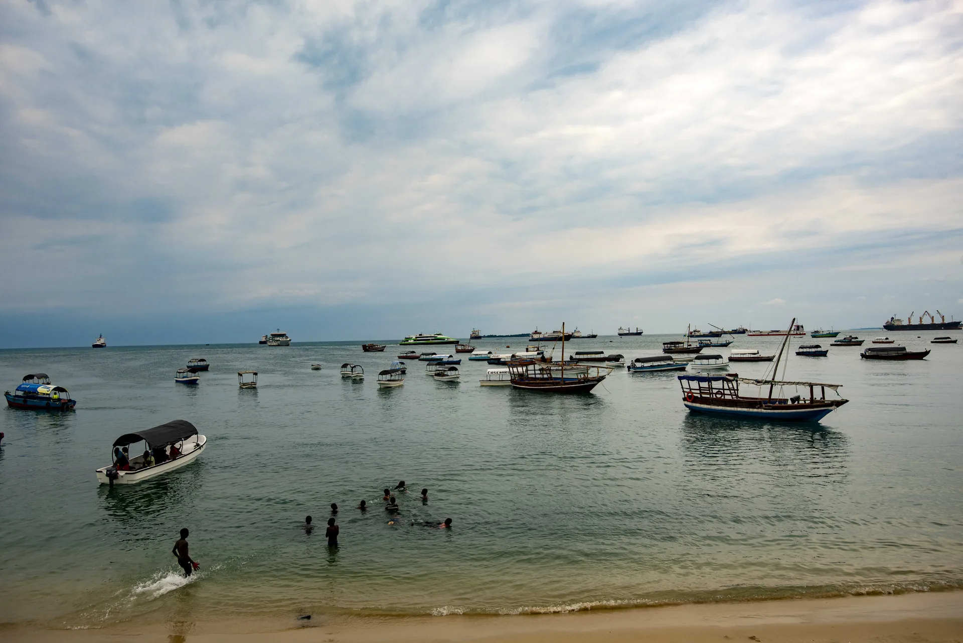 Fishing dhows moored along the Zanzibar waterfront